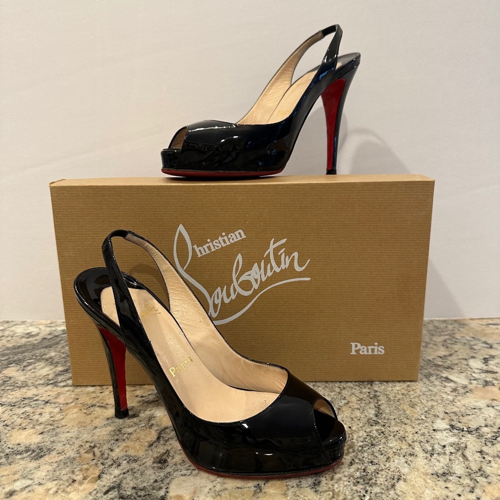 CHRISTIAN LOUBOUTIN SLINGBACK PEEP TOE PLATFORM HEELS IN BLACK PATENT LEATHER